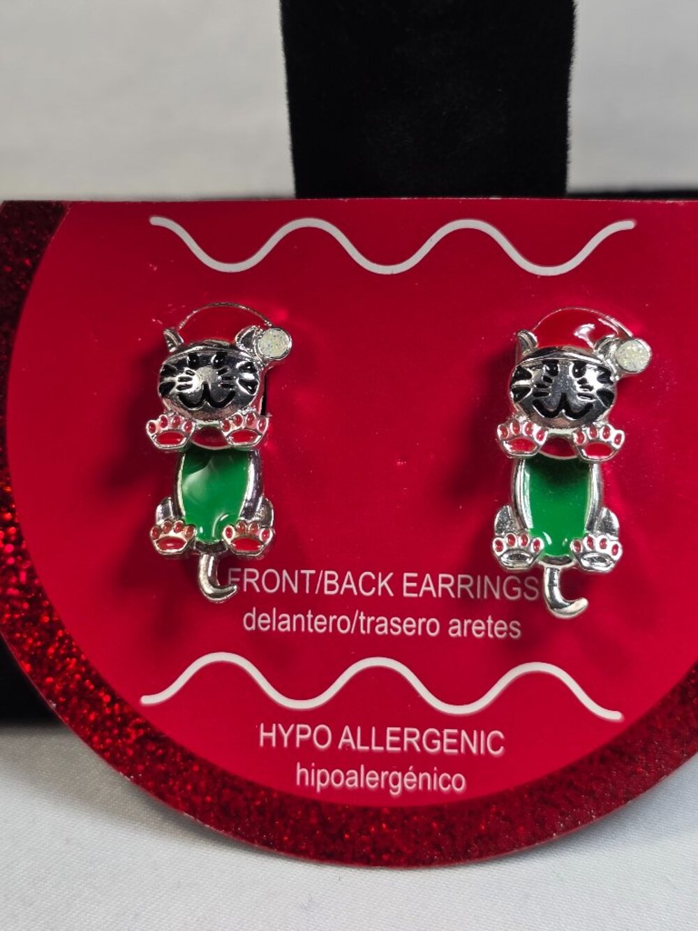Christmas Cat Front Back Earrings Enamel Holiday Santa Hat Kitty Hypoallergenic